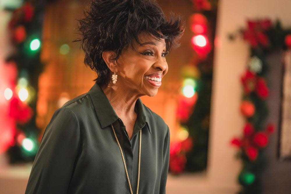 This image released by Great American Media shows Gladys Knight in a scene from “I’m Glad It’s Christmas,” premiering Nov. 26 on the Great American Family channel. (Great American Media via AP)