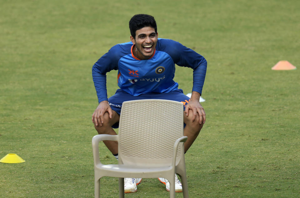 Indian cricket player Shubman Gill reacts during a practice session before their third one day international cricket match against New Zealand in Indore, India, Monday, Jan. 23, 2023. (AP Photo/Rajanish Kakade)