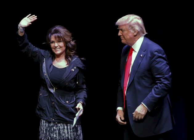 The Sarah Palin of 2016 joins the original 2008 version at a Town Hall in Wisconsin yesterday (Kamil Krzaczynski / Reuters)