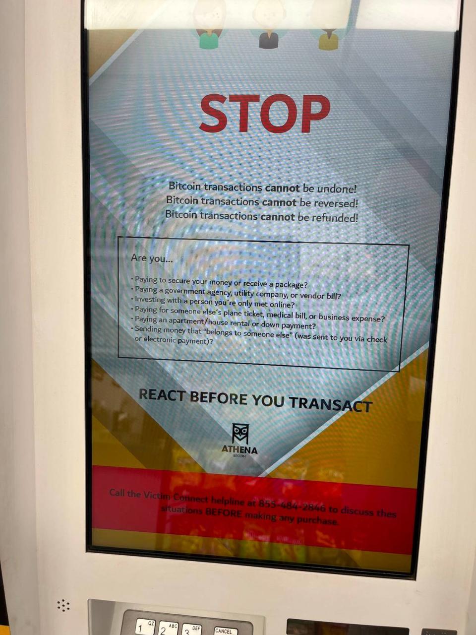 A consumer warning on a cryptocurrency ATM