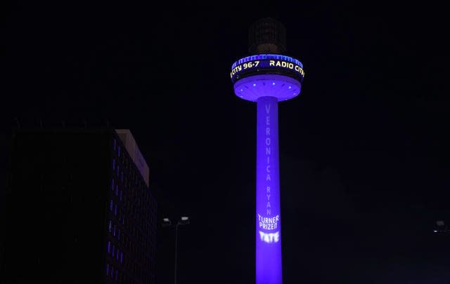 Veronica Ryan’s name is projected on to Liverpool’s Radio City Tower after she was named the winner of the Turner Prize 