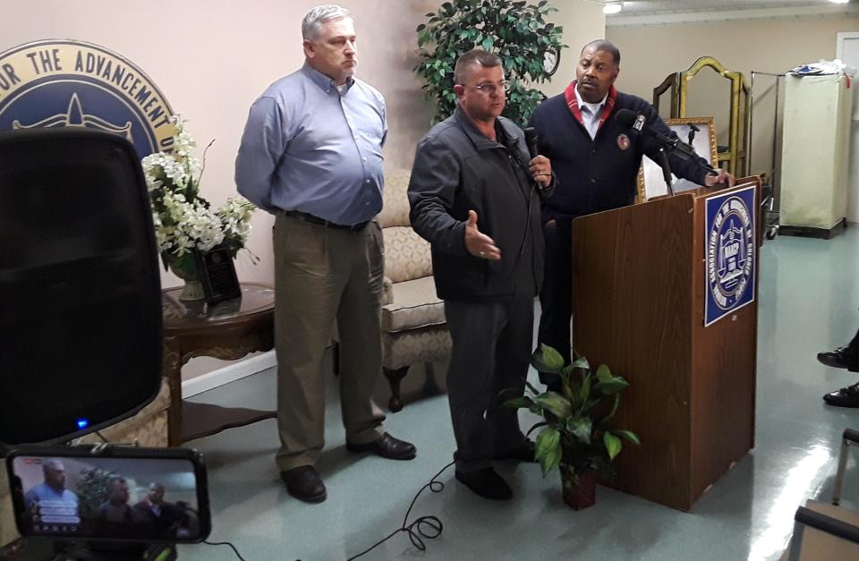 Hercules President Mark Pitre, Terrebonne Sheriff-elect Tim Soignet and Terrebonne NAACP President Jerome Boykin address attendees during Thursday’s forum in Houma, February 20, 2020. [Dan Copp/Staff—The Courier/Daily Comet]