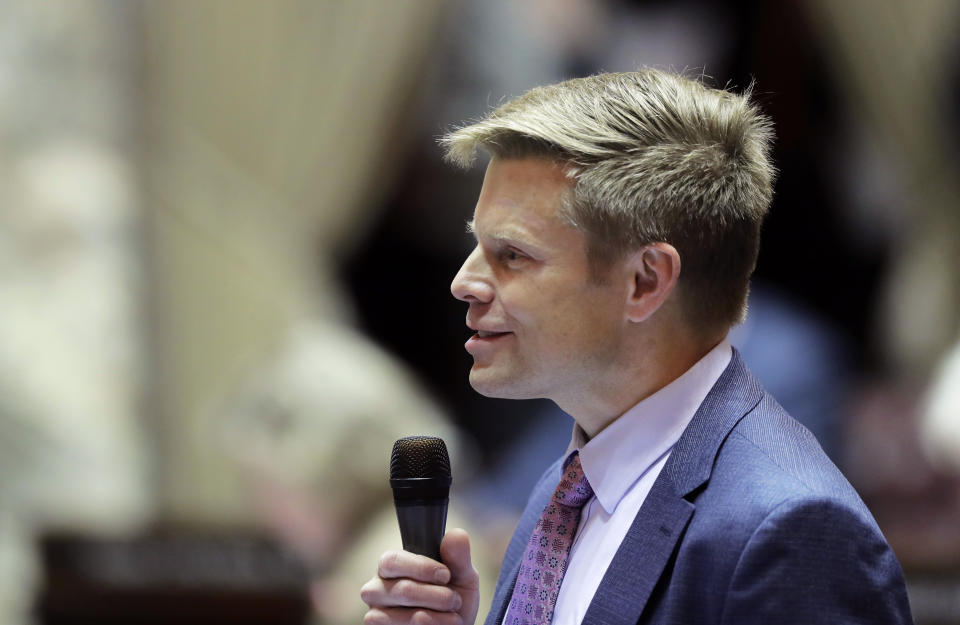 FILE - Sen. Jamie Pedersen, D-Seattle, speaks on the Senate floor in Olympia, Wash., Jan. 30, 2019. Evidence of a transgender person's name or gender marker change could soon be hidden from the public record in California and Washington as state lawmakers are considering new privacy provisions amid a barrage of bills targeting trans people nationwide. Maia Xiao, a graduate student wrote last summer to state Sen. Pedersen, the Washington bill sponsor, urging action on behalf of her friend whose name change records had been posted in an online forum and used as ammunition to send her hate mail. (AP Photo/Ted S. Warren, File)