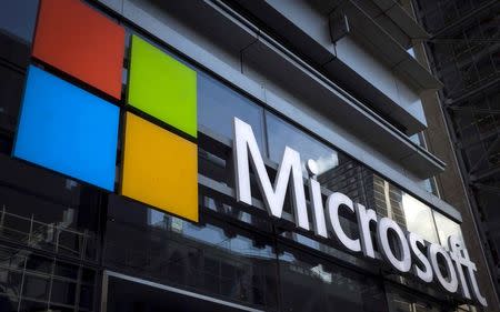 A Microsoft logo is seen on an office building in New York City in this July 28, 2015 file photo. REUTERS/Mike Segar/Files