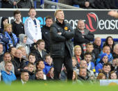 Manchester United's manager David Moyes is seen during their English Premier League soccer match against Everton at Goodison Park in Liverpool, England, Sunday April 20, 2014. (AP Photo/Clint Hughes)