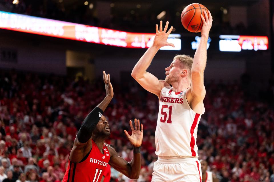 Mar 3, 2024; Lincoln, Nebraska, USA; Nebraska Cornhuskers forward Rienk Mast (51) shoots the ball against Rutgers Scarlet Knights center Clifford Omoruyi (11) during the first half at Pinnacle Bank Arena. Mandatory Credit: Dylan Widger-USA TODAY Sports