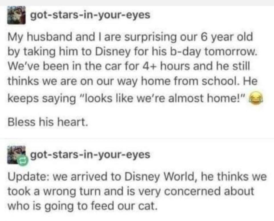 Funny conversation about a kid being tricked into going to Disney while thinking it's just a very long drive home from school