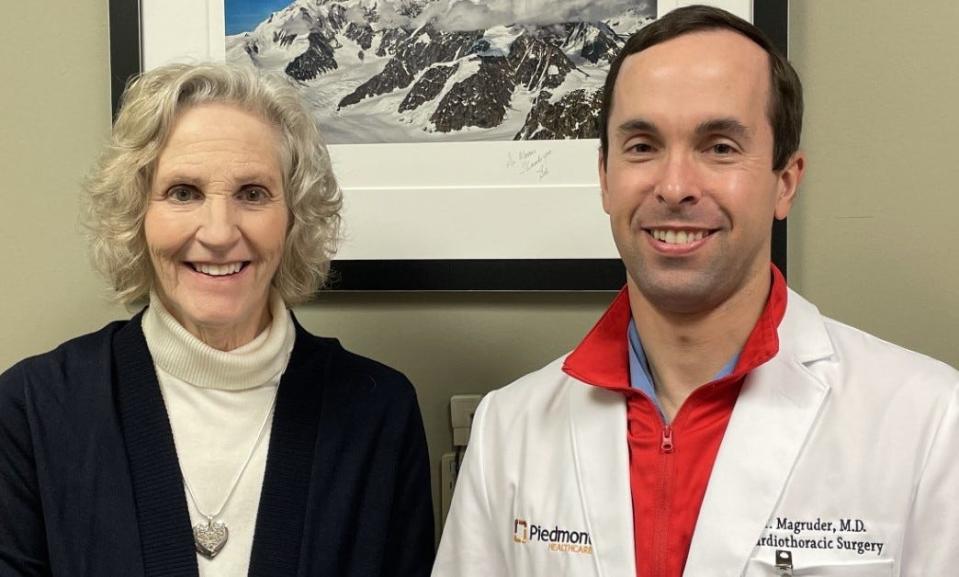 Julie Koehler of Monroe, Georgia with the surgeon who saved her life, Dr. Trent Magruder, a cardiothoracic surgeon with the Piedmont Heart Institute Athens.