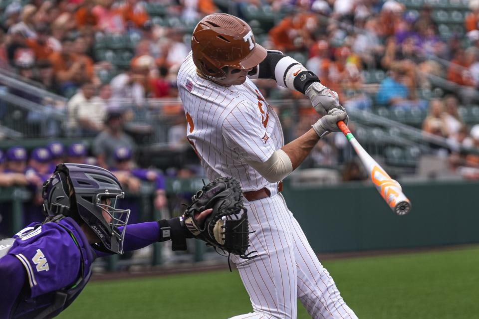 Texas Longhorns catcher Rylan Galvan (6) hits a ball during the game against Washington at UFCU Disch–Falk Field on Saturday, March. 16, 2024 in Austin.