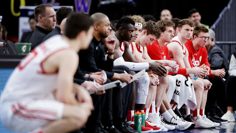 The Utah Utes bench looks on as Utah and Stanford play in Pac-12 Tournament action at T-Mobile Arena in Las Vegas on Wednesday, March 8, 2023. Stanford won 73-62.