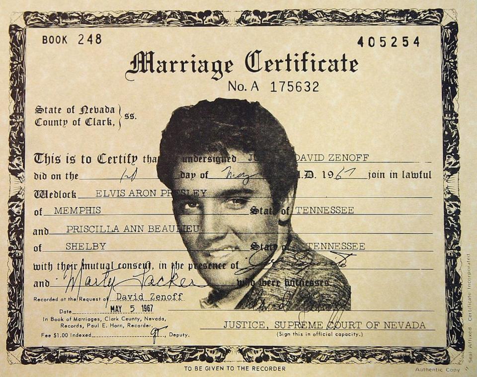 Couples who flocked to get married in Las Vegas on 7/7/07 got a copy of Elvis and Priscilla Presley’s marriage license. <a href="https://www.gettyimages.com/detail/news-photo/detail-view-of-a-copy-of-elvis-and-priscilla-presleys-las-news-photo/75259026" rel="nofollow noopener" target="_blank" data-ylk="slk:Ethan Miller/Getty Images;elm:context_link;itc:0;sec:content-canvas" class="link ">Ethan Miller/Getty Images</a>