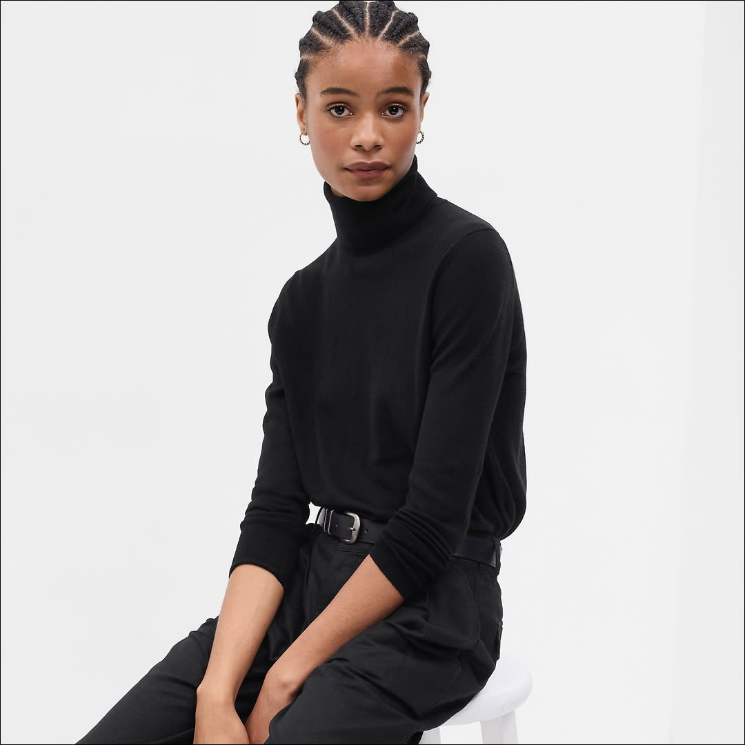  Split image of Gap leather pants, wide-legged high waisted trousers, and shaker-stitch crewneck . 