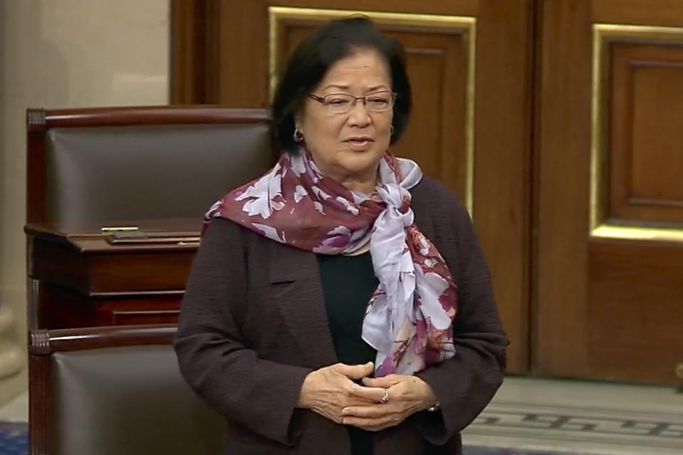 This image from U.S. Senate video, Sen. Mazie Hirono, D-Hawaii, speaks about the late Sen. Dianne Feinstein in the Senate chamber on Friday, Sept. 29, 2023, in Washington. In tributes to Feinstein after her death, her female colleagues talked about her indomitable, fierce intelligence and how she had paved the way for so many women. Feinstein was the first female mayor of San Francisco, one of California’s first two female senators and the first female chairwoman of the Senate Intelligence Committee. (Senate Television via AP)