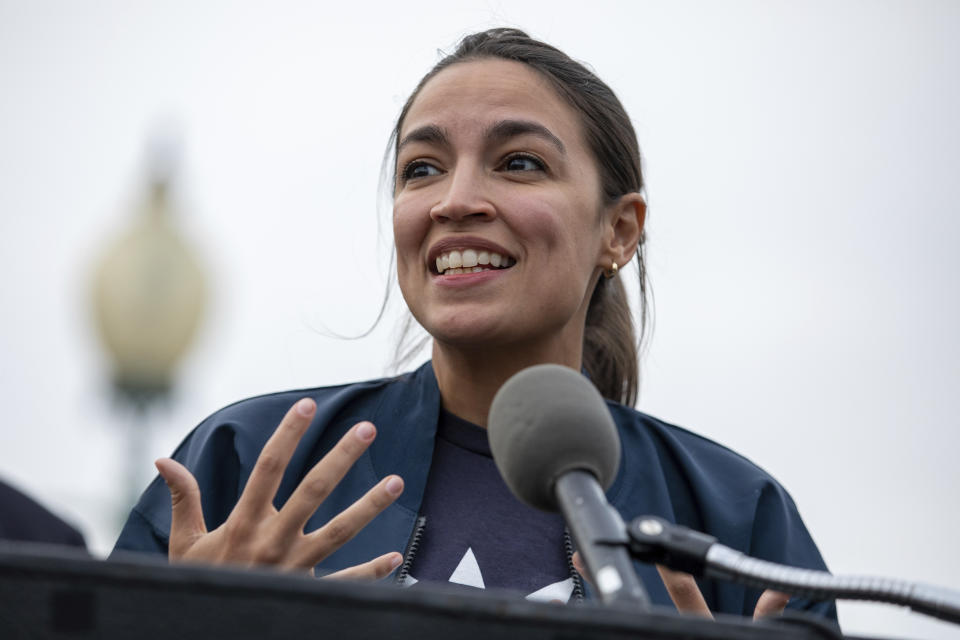 Rep. Alexandria Ocasio-Cortez, D-N.Y., speaks to reporters outside of Capitol Hill in Washington on August 3, 2021. (Amanda Andrade-Rhoades/AP)