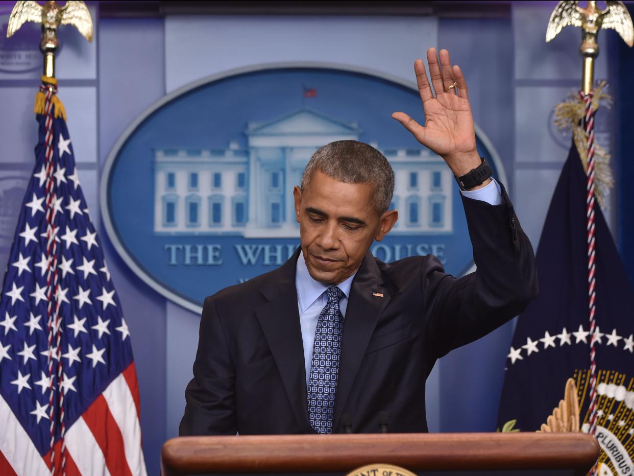 <p>US President Barack Obama gives his final presidential press conference on 18 January 2017 at the White House in Washington, DC</p> ((AFP via Getty Images))