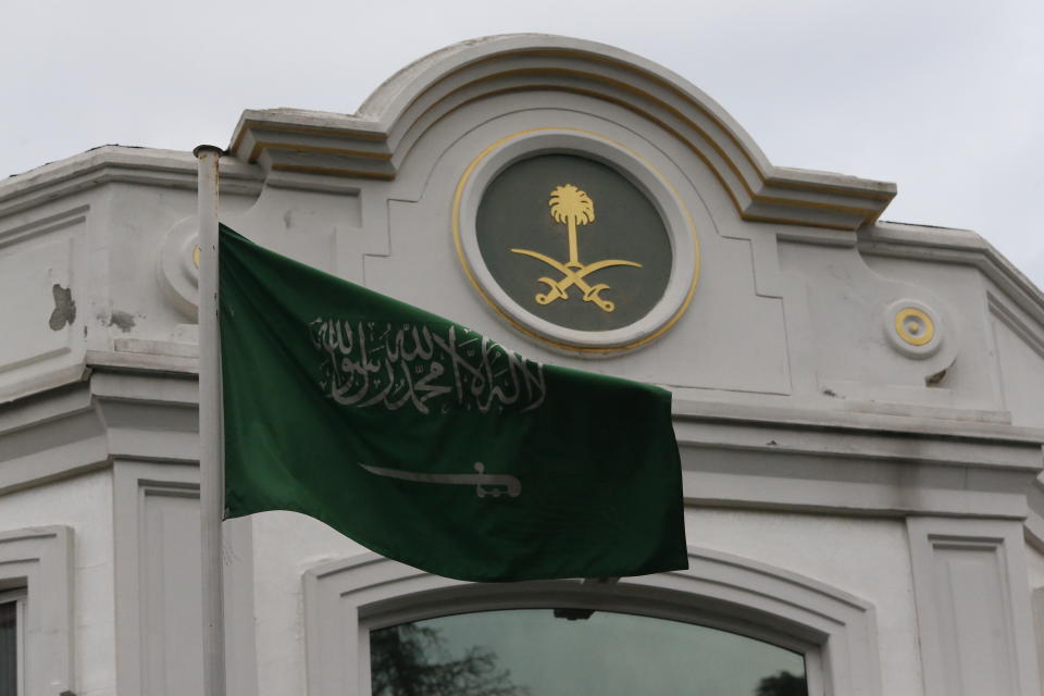The Saudi Arabia flag flies outside the country's consul general's official residence in Istanbul, Wednesday, Oct. 24, 2018. Turkey's state-run news agency says Saudi officials did not allow Turkish investigators, probing the killing of Saudi journalist Jamal Khashoggi, to search a well in the garden of the Saudi Consulate. Turkish forensic teams have searched the Consulate, the consul general's official residence as well as vehicles belonging to the consulate as part of their probe into Khashoggi's disappearance and death. (AP Photo/Lefteris Pitarakis)