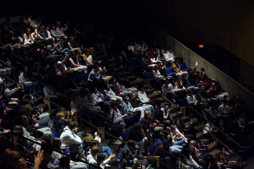 Students listen as Minnesota Secretary of State Steve Simon speaks during a Q&A with members of Voterama, a student group focused on voter advocacy and awareness at Breck School in Golden Valley, Minn., Friday, Dec. 1, 2023. (AP Photo/Nicole Neri)