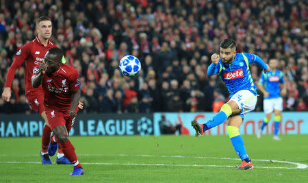 Soccer Football - Champions League - Group Stage - Group C - Liverpool v Napoli - Anfield, Liverpool, Britain - December 11, 2018 Napoli's Lorenzo Insigne shoots at goal as Liverpool's Naby Keita attempts to block REUTERS/Jon Super