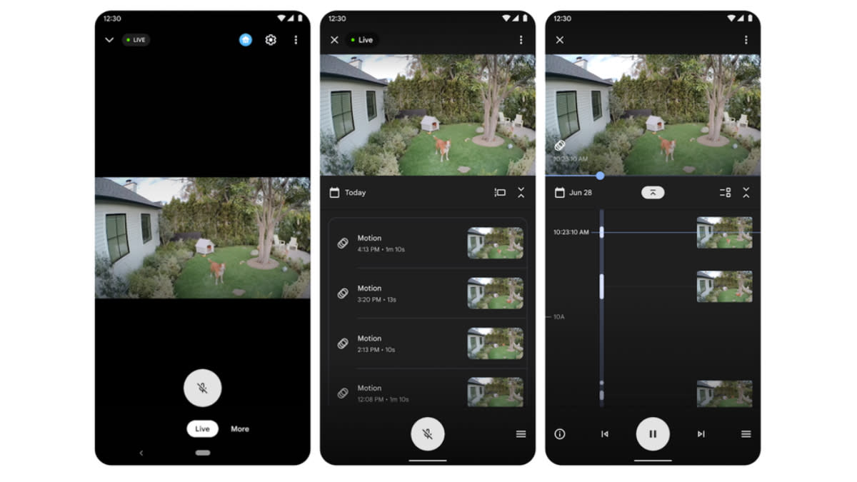  Three screenshots showing Nest Camera feeds in the Google Home app. 