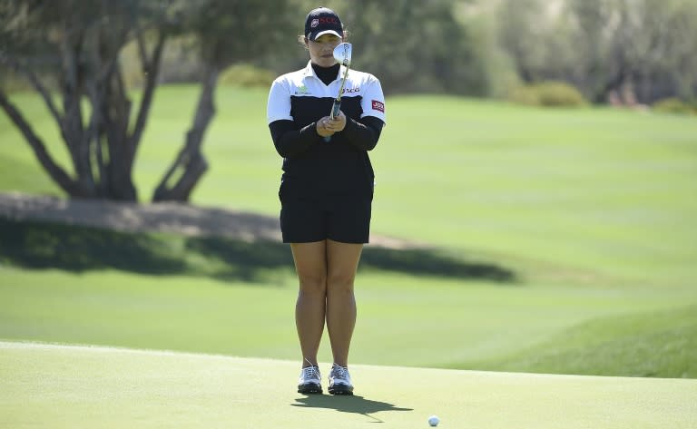 Ariya Jutanugarn of Thailand lines up a putt on the third hole during the second round of the Founders Cup in Phoenix, Arizona