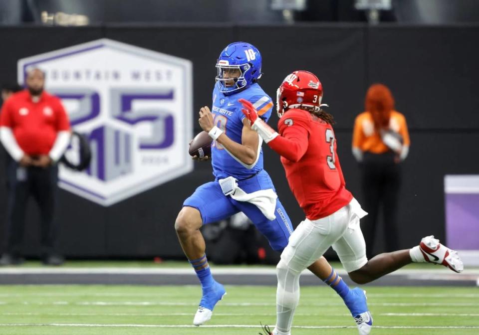 Taylen Green takes off on a 70-yard touchdown run in the first half of Saturday’s rout of UNLV. Green had a huge game to lead Boise State to the Mountain West title.