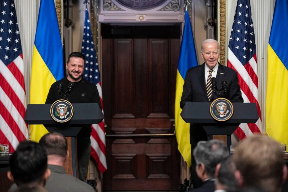 President Joe Biden and Ukrainian President Volodymyr Zelenskyy attend a news conference in the Indian Treaty Room in the Eisenhower Executive Office Building on the White House Campus (AP)
