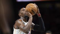 Miami Heat center Bam Adebayo shoots a free throw during the second half of an NBA basketball game against the Atlanta Hawks, Sunday, Nov. 27, 2022, in Atlanta. (AP Photo/Hakim Wright Sr.)