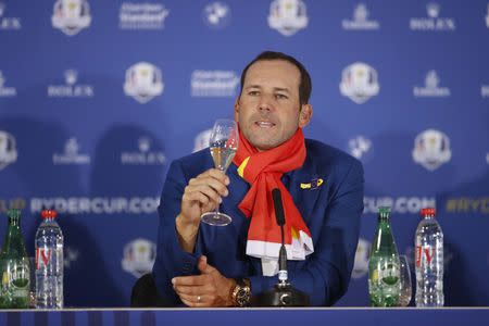 Golf - 2018 Ryder Cup at Le Golf National - Guyancourt, France - September 30, 2018 - Team Europe's Sergio Garcia talks during a press conference after winning the Ryder cup REUTERS/Carl Recine