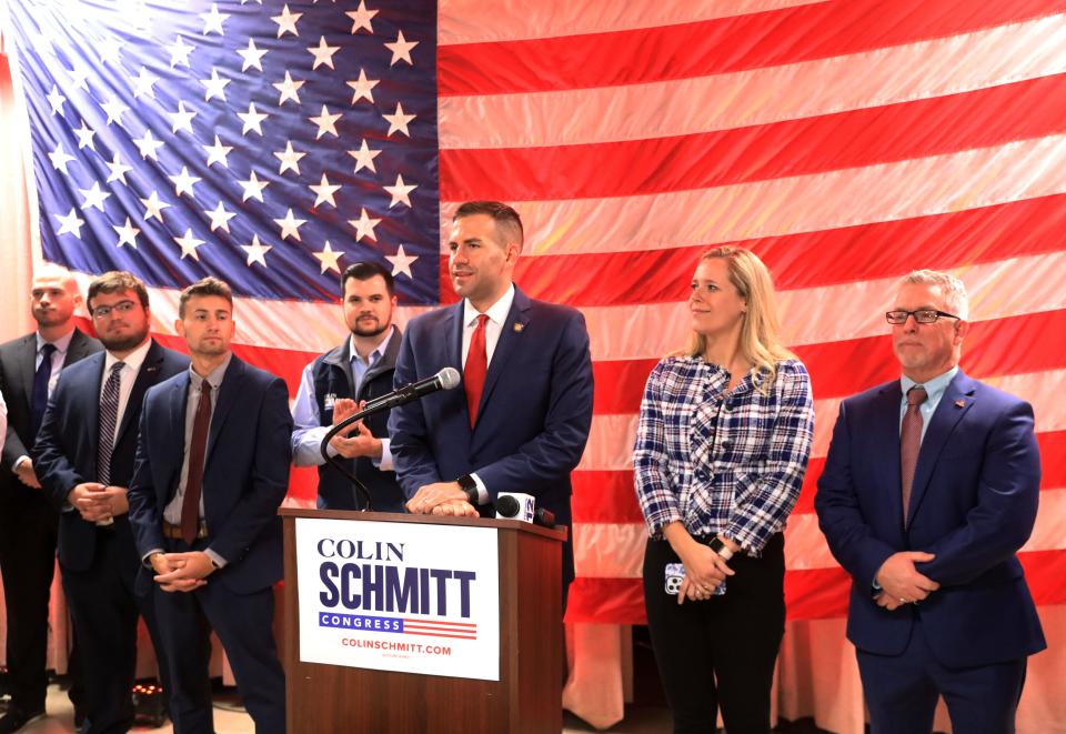 Colin Schmitt speaks at the end of his election night party in New Windsor on November 8, 2022. 