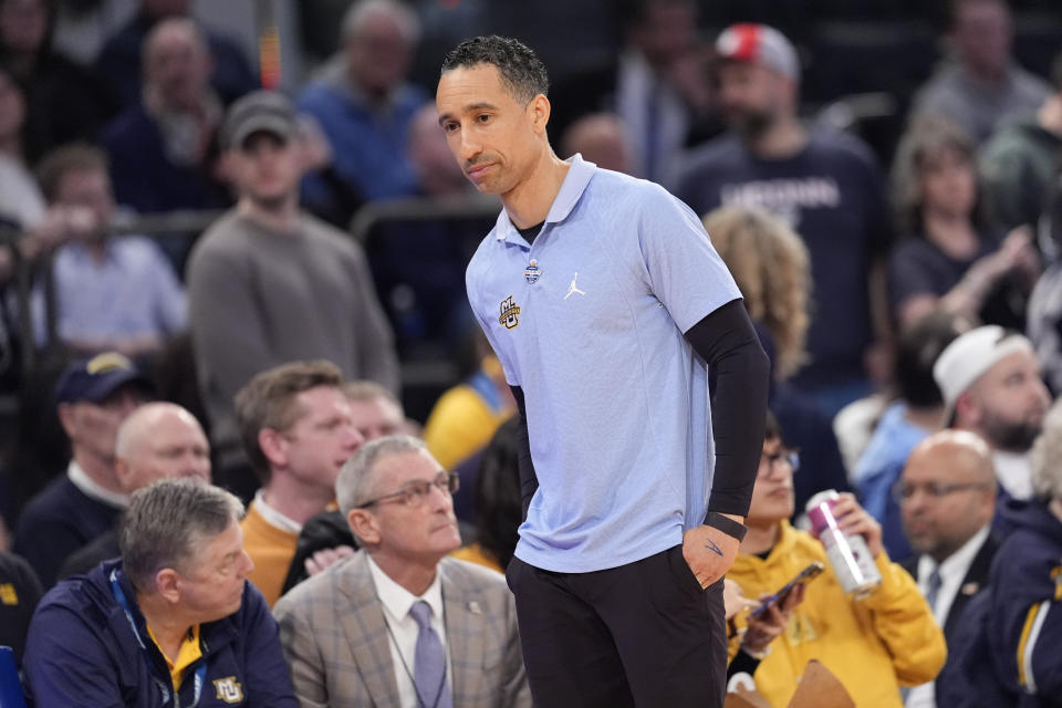 Marquette head coach Shaka Smart reacts during the final minutes in the second half of an NCAA college basketball game against UConn in the championship of the Big East Conference tournament, Saturday, March 16, 2024, in New York. UConn won 73-57. (AP Photo/Mary Altaffer)