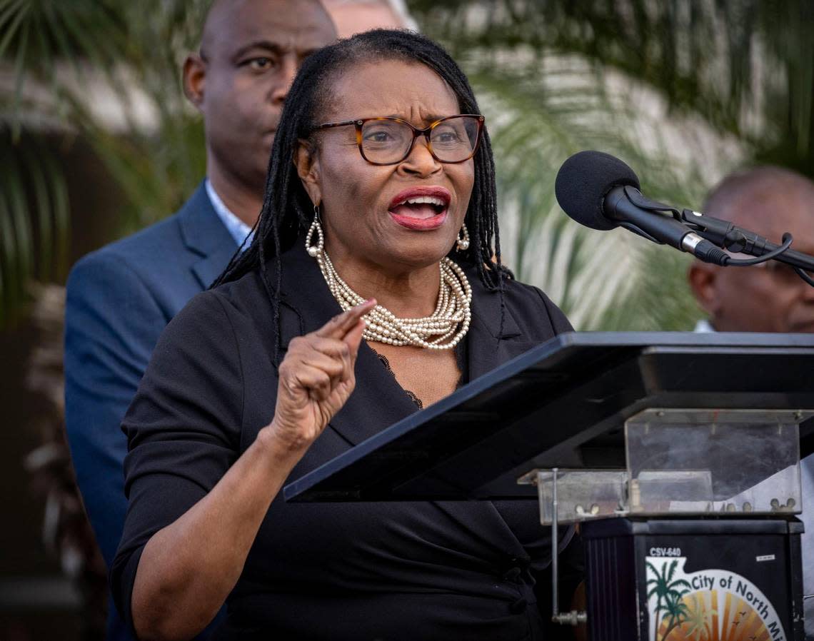 Miami-Dade County Commissioner Marleine Bastien speaks about the situation in Haiti to a group of people gathered for a press conference in North Miami.