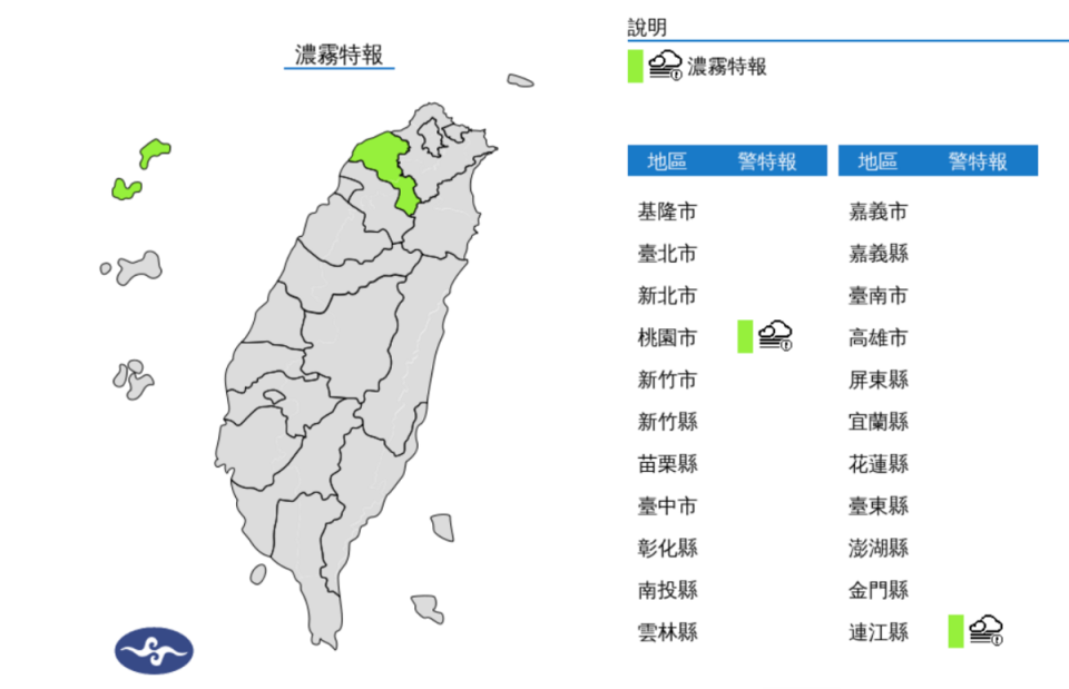 今(4)日西半部地區及馬祖易有局部霧或低雲影響能見度，馬祖及桃園已出現能見度不足200公尺的現象。