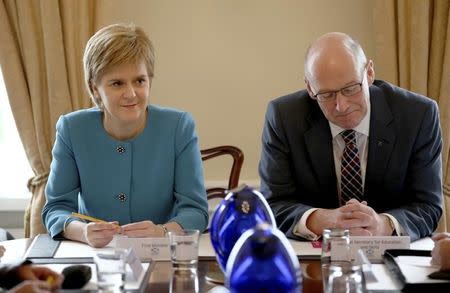 Scotland's First Minister Nicola Sturgeon and Deputy First Minister John Swinney during an emergency cabinet meeting at Bute House in Edinburgh, Scotland June 25, 2016. REUTERS/Jane Barlow/Pool