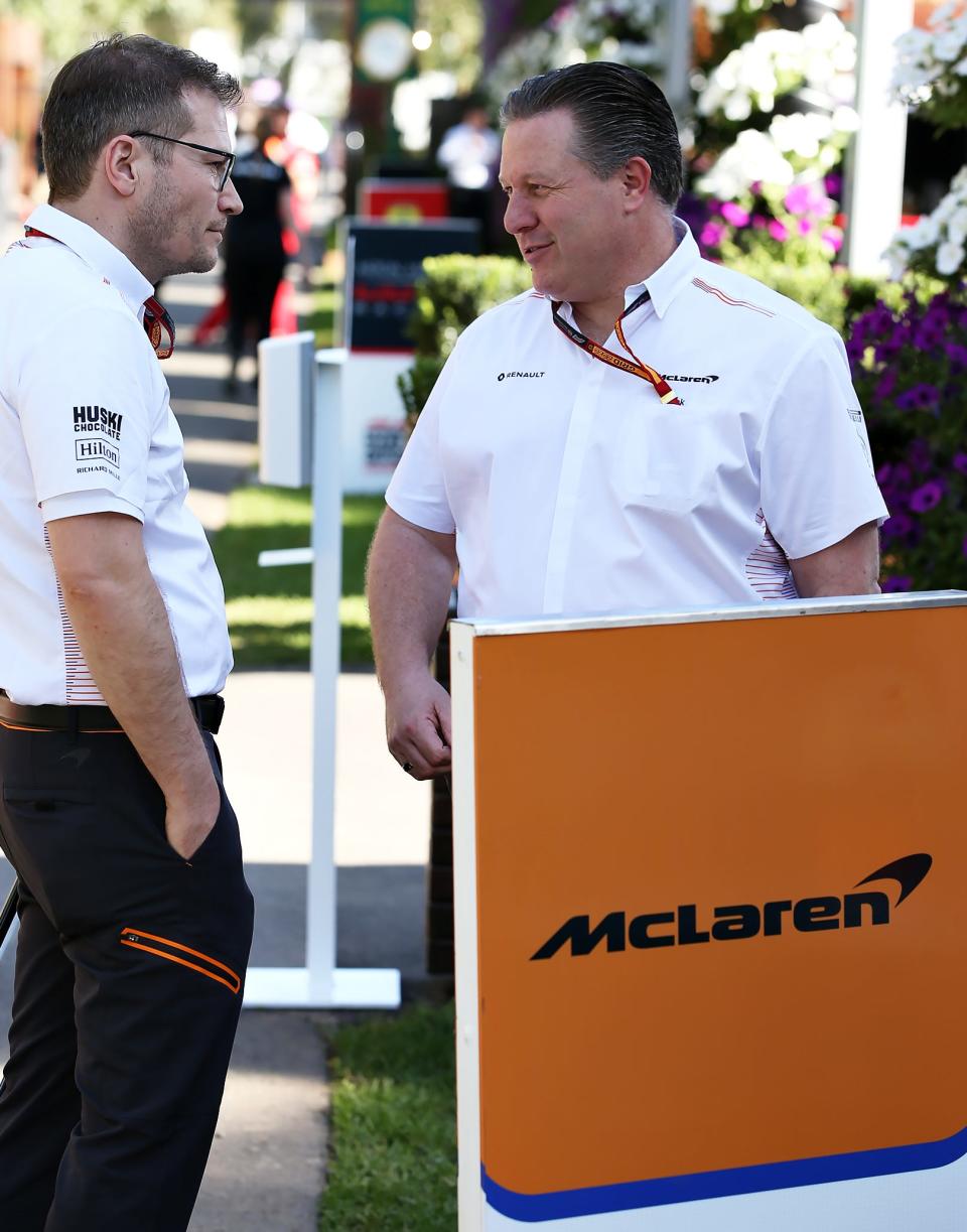 MELBOURNE, AUSTRALIA - MARCH 12: McLaren Chief Executive Officer Zak Brown and McLaren Team Principal Andreas Seidl talk in the paddock during previews ahead of the F1 Grand Prix of Australia at Melbourne Grand Prix Circuit. (Photo by Charles Coates/Getty Images)