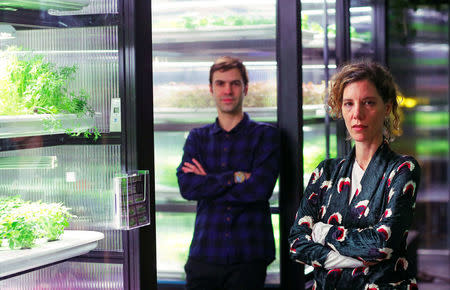 Erez Galonska and Osnat Michaeli, founders of the urban farming start-up Infarm, pose for a picture beside indoor growing systems at the company's showroom in Berlin, Germany, February 5, 2018. REUTERS/Hannibal Hanschke