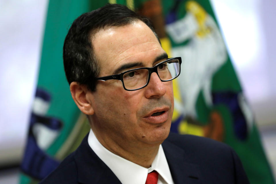 U.S. Treasury Secretary Steve Mnuchin speaks at a news conference during the IMF/World Bank spring meeting in Washington, U.S., April 21, 2018. REUTERS/Yuri Gripas