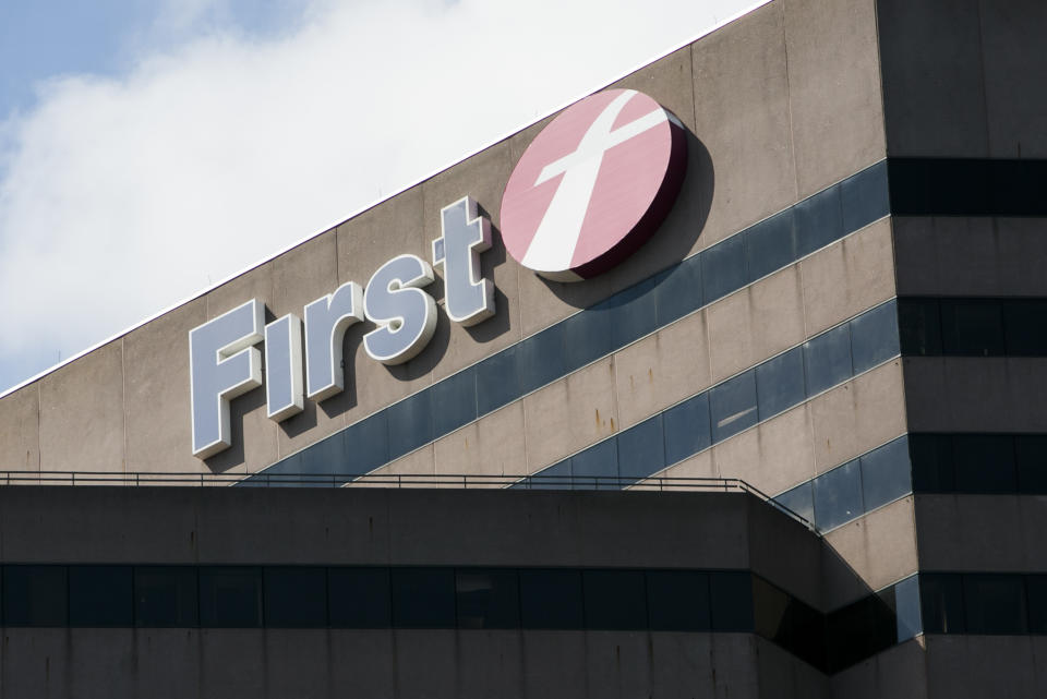 A logo sign outside of the headquarters of FirstGroup America, Inc., in Cincinnati, Ohio on June 29, 2017. Photo by Kristoffer Tripplaar *** Please Use Credit from Credit Field ***