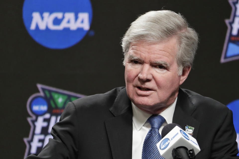 FILE - In this April 4, 2019, file photo, NCAA President Mark Emmert answers questions at a news conference at the Final Four college basketball tournament in Minneapolis. Emmert is now the second-longest tenured leader in the long history of the NCAA. Over 11 years, he has guided the NCAA through a period of unprecedented change amid relentless criticism. (AP Photo/Matt York, File)