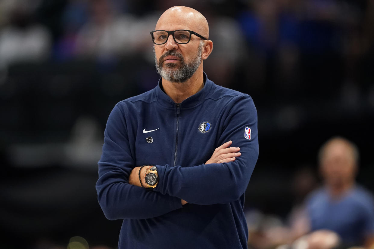 DALLAS, TEXAS - APRIL 07: Head coach Jason Kidd of the Dallas Mavericks looks on during the second half against the Houston Rockets at American Airlines Center on April 07, 2024 in Dallas, Texas. NOTE TO USER: User expressly acknowledges and agrees that, by downloading and or using this photograph, User is consenting to the terms and conditions of the Getty Images License Agreement. (Photo by Sam Hodde/Getty Images)