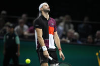 Bulgaria's Grigor Dimitrov reacts after missing point during the final match against Serbia's Novak Djokovic at the Paris Masters tennis tournament, Sunday, Nov. 5, 2023. (AP Photo/Michel Euler)