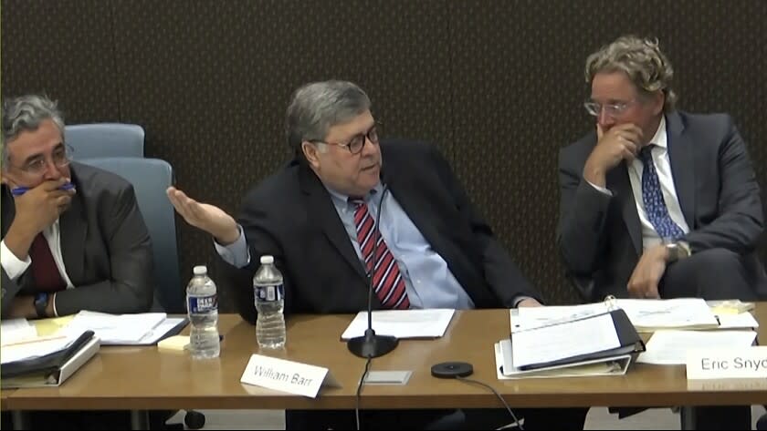 Former Attorney General William Barr speaks during a video deposition