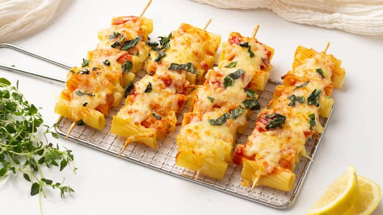 Rigatoni, cheese, and tomato skewers