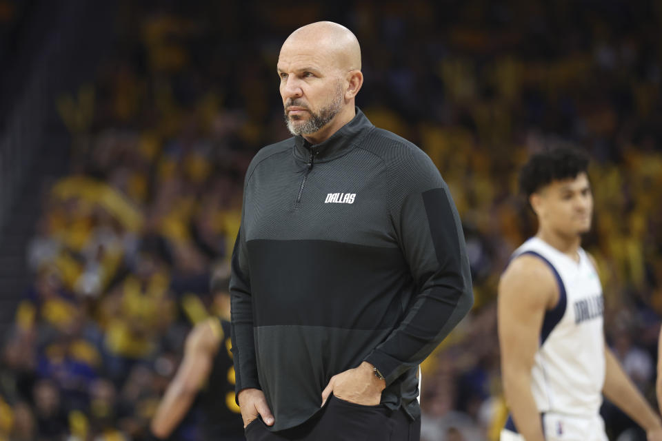 Dallas Mavericks head coach Jason Kidd watches during the second half of his team's Game 1 of the NBA basketball playoffs Western Conference finals against the Golden State Warriors in San Francisco, Wednesday, May 18, 2022. (AP Photo/Jed Jacobsohn)