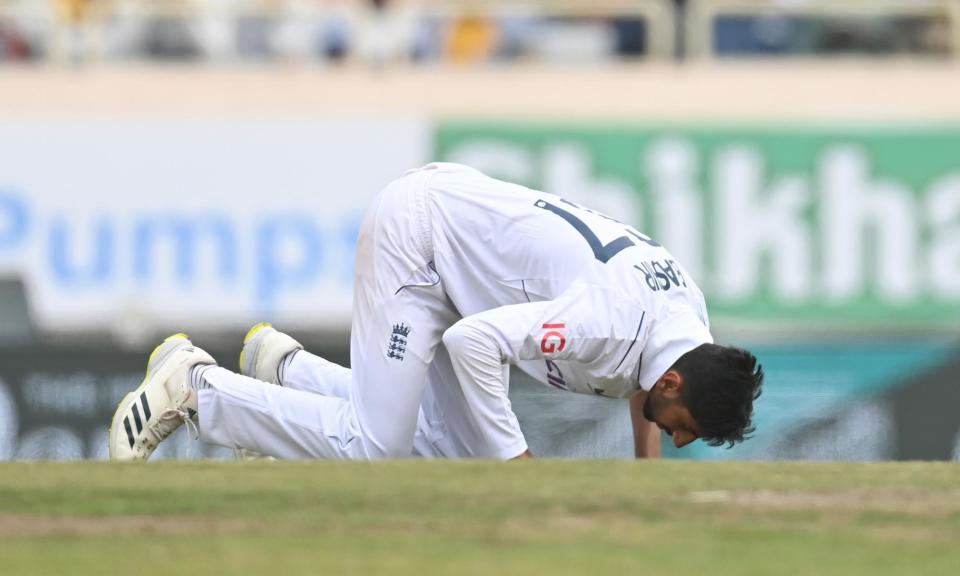 <span>Shoaib Bashir celebrates with a sajdah after taking his fifth wicket.</span><span>Photograph: Gareth Copley/Getty Images</span>