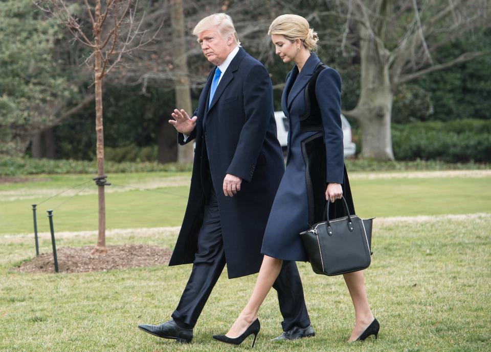 President Donald Trump and his daughter Ivanka walk to board Marine One at the White House in Washington, DC, on February 1, 2017.&nbsp;