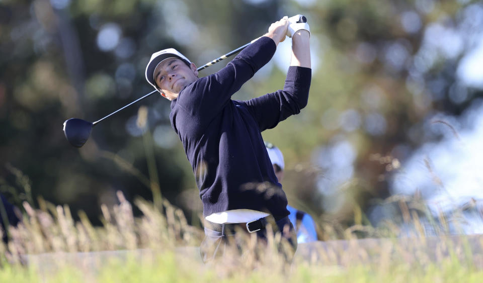 Norway's Viktor Hovland on the 10th tee during day one of the Genesis Scottish Open at The Renaissance Club, North Berwick, Scotland, Thursday, July 7, 2022. (Steve Welsh/PA via AP)