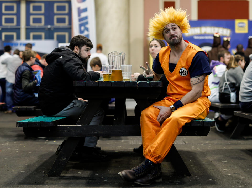 A Dragon Ball Z character sips his pint at Alexandra Palace. (Photo by Steven Paston/PA Images via Getty Images)