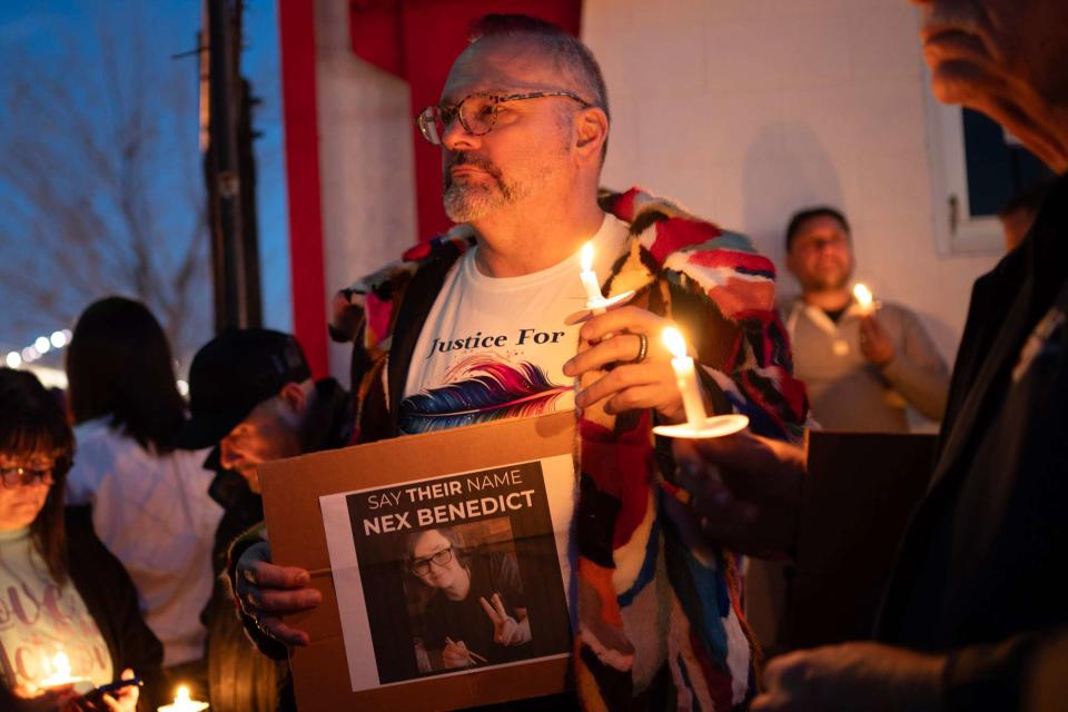 <p>J Pat Carter/Getty</p> People attend a candlelight vigil for 16-year-old nonbinary student Nex Benedict on February 24, 2024 in Oklahoma City, Oklahoma