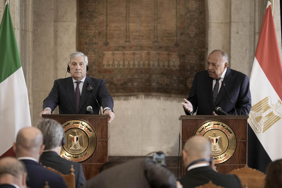 Italian Foreign Minister Antonio Tajani, left, and his Egyptian counterpart Sameh Shoukry, attend a press conference in Cairo, Egypt, Wednesday, Oct. 11, 2023. (AP Photo/Amr Nabil)