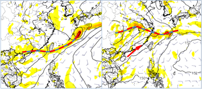 最新歐洲(ECMWF)模式，模擬850百帕風場及渦度圖顯示，周四(15日20時)「滯留鋒」南移至台灣南端(左圖)。下周日(18日8時)「滯留鋒」北移至北部海面，台灣仍受「西南氣流」影響(右圖)。 (翻攝自「三立準氣象.老大洩天機」/圖擷自tropical tidbits)

